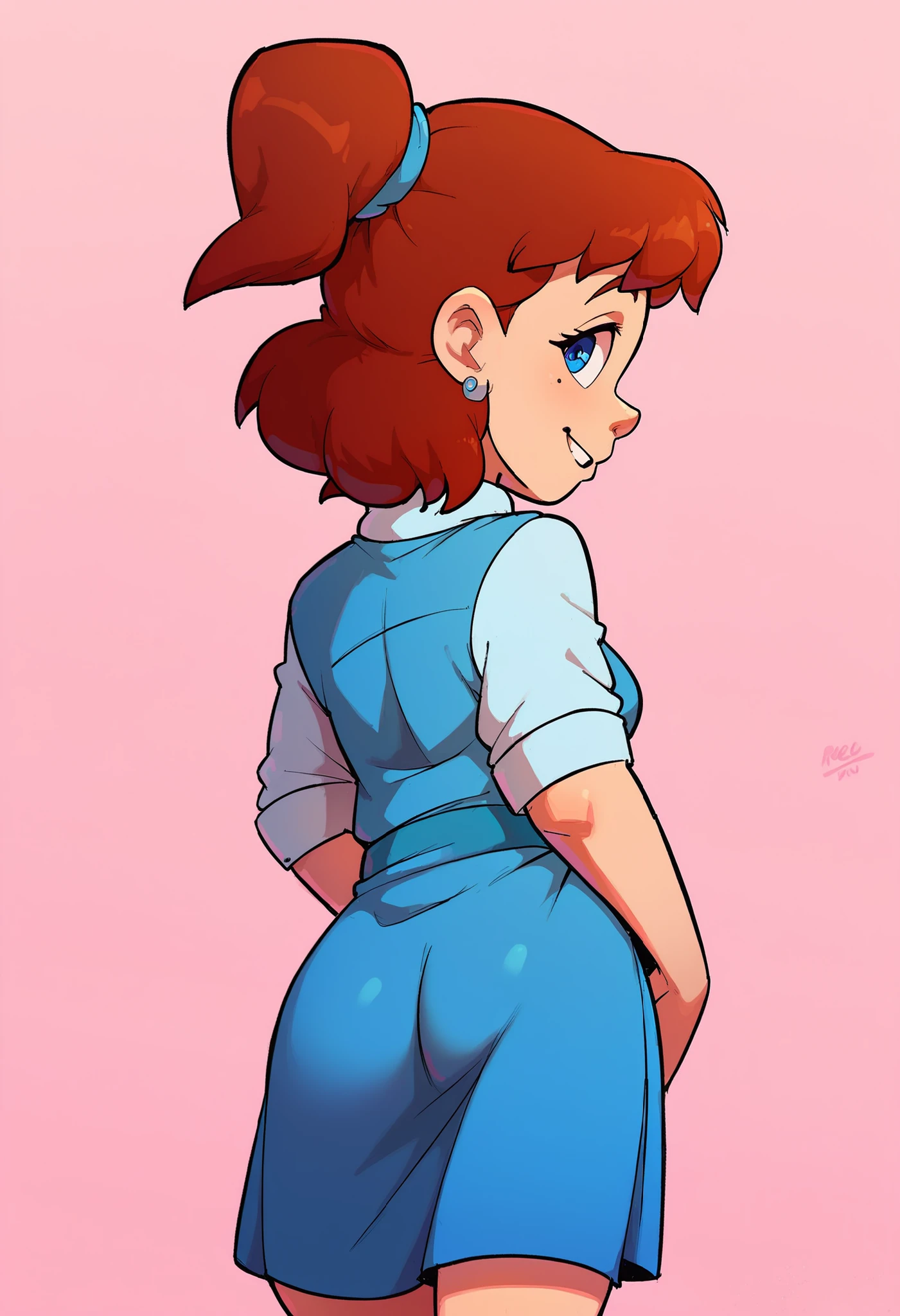 1 Girl, jenny, brown hair, ponytail, blue eyes, earrings, blue dress, blue skirt, blue Right, looking at viewer, looking back rche, close up, showing her butt, Cute Smile, Pink Background