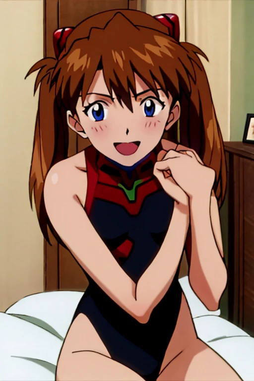 (( best quality)), ((masterpiece)), (be familiar with),  perfect face, indoor, bedroom,  viewer,
One woman,  Soryu Asuka Langley ,
 open mouth,  ecstatic expression with hands in front of body, blush, smile,
Small breasts,  flat chested, Young girl, Lori,  s,  girl,
 long hair,  twin tails,
Leg spread,