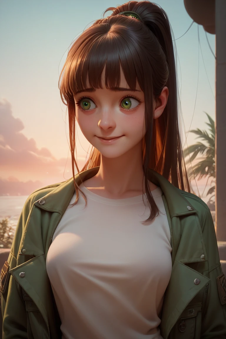 
A teen girl watching the sunrise wearing a sexy shirt and a jacket, green eyes, long hair with a fringe in a ponytail, detailed nervous face, smile, shy girl, normal breasts, detailed beautiful body, thin body, at the top of a coast ceremony, 