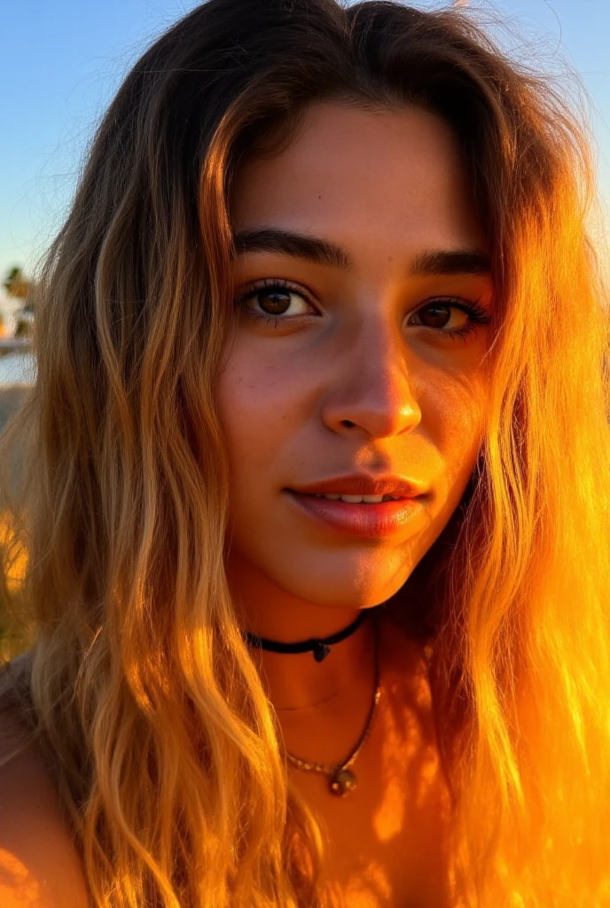 Instagram selfie of a woman wearing a choker, sunset golden hour, slight smile, 4K, high res, <lora:adlima_xl_1_standard_merge_62_88_05_05:1>, full sleeve shirt