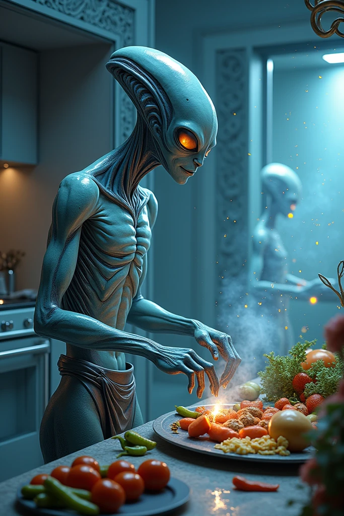 ((man with alien face)), ((wearing a male nigh cloth)), in a kitchen, (making a tea), perfect shadows, 8k, sun shadow, movie lightning, 8k, RAW photo, best quality, masterpiece, high detail RAW color photo, , cinematic lighting, full body,