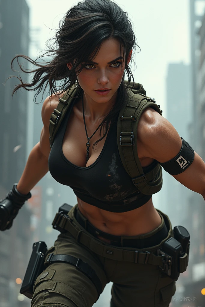 octane render, hdr, (hyperdetailed:1.3), (frontal soft light, sharp:1.2), Beautiful (Lara Croft:1) in a street, detailed face, perfect body, cinematography, maximum details, neutral colors, hdr, soft cinematic light, insane details, ((realistic filter)), (look at camera), (perfect legs), (perfect breast),random view, (regular hip), ((pull up thonga)), Tacticool, (vest:1.2), military, (cleavage)