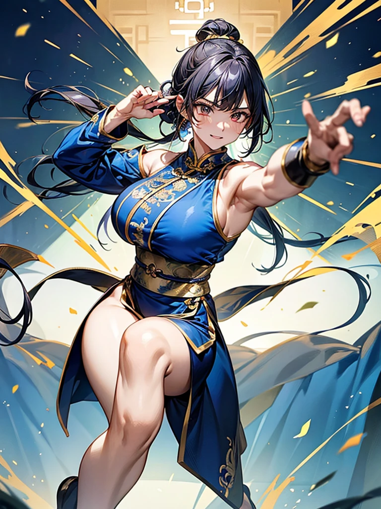 Chun-Li from Street Fight II,Chun-Li Costume,Blue Chinese dress with gold lines,Bunhead、Highest quality, 超High resolution、(High resolution)、(8K)、(Very detailed),Diagonal bangs、masterpiece, Highest quality, masterpiece, Highest quality, Brown eyes with white sclera, Bad move -5, alone, 1 Girl,  Brown Hair, From SF2,  Muscular woman, Blue clothes, pantyhose, Pelvic Curtain, Puff short sleeves.
(His hands are tied up with a thick rope。)
Both legs are tied with a thick rope。
On one knee。
(((pantyhoseは切り刻まれている。)))
The blue cheongsam is cut into pieces。
Her breasts are peeking out from the crack。
Bleeding from arms or legs。
Crippling。
I am in agony。
You are under attack by an enemy。
I&#39;m somehow maintaining my posture。If he gets hit with another blow, he will surely die.。
