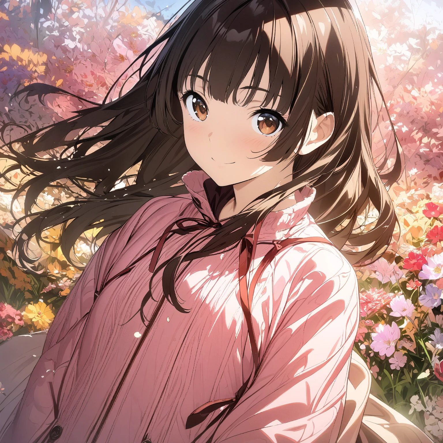 (masterpiece),(best quality),(ultra-detailed),(best illustration),(best shadow),(absurdres),(detailed background),(very aesthetic), megumi katou, 1girl, solo, brown hair, smile, flower, brown eyes, looking at viewer, bangs, sleeveless, jacket, long hair, pink jacket, ribbon, petals, dress 