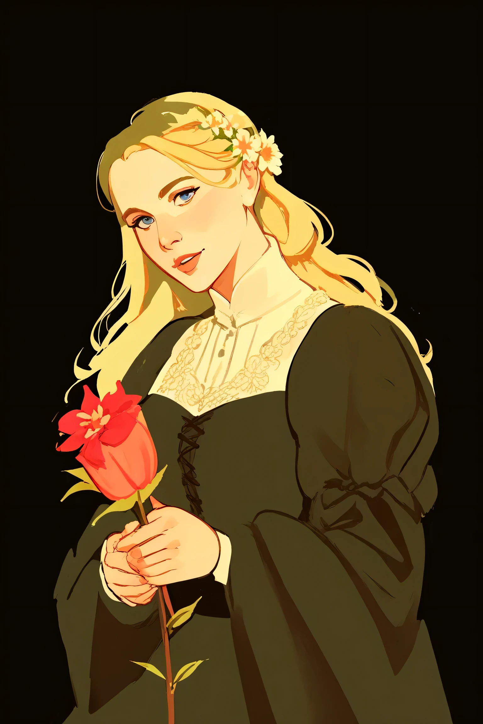 score_9, score_8_up, score_7_up, score_6_up, score_5_up, score_4_up, woman, medieval clothing, long blonde hair, holding a flower, illustration