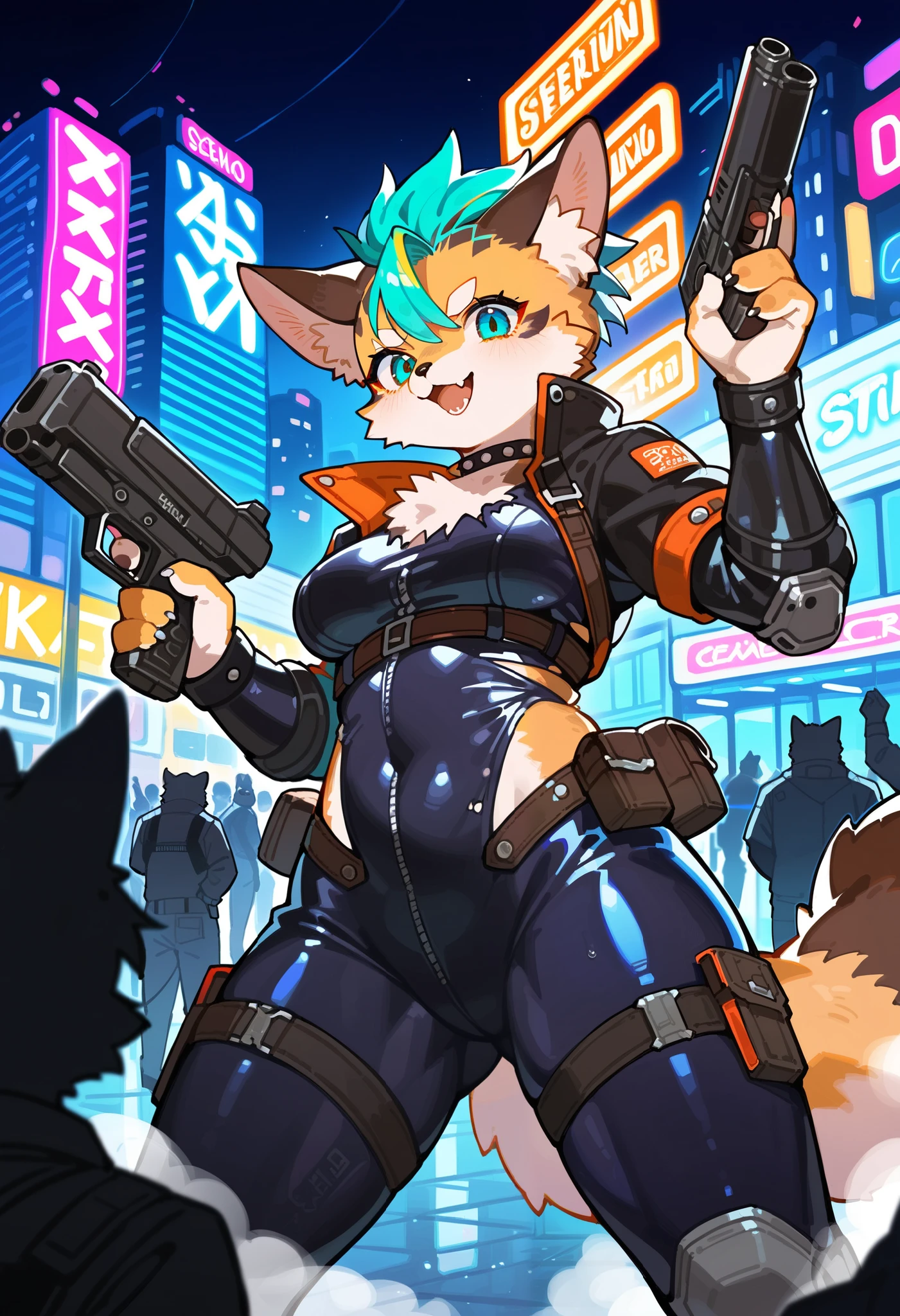 girls, Doing anything, any pose, massive breasts and hips and butt, fur color and pattern, any eye color [Heterochromia allowed], ((Fluffy fur and tail)), full face blush, any expression, doing anything, any pose, rooftops, night, cat, any weapon, sci fi, armed or unarmed, undersized outfit, perfect body