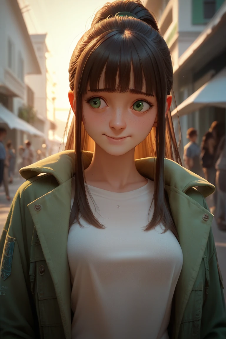 
A teen girl watching the sunrise wearing a sexy shirt and a jacket, green eyes, long hair with a fringe in a ponytail, detailed nervous face, smile, shy girl, normal breasts, detailed beautiful body, thin body, at the top of a coast ceremony, 