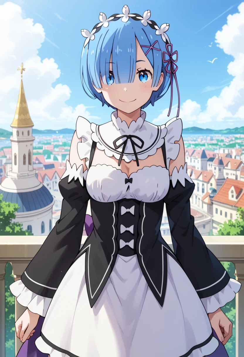 ((1girl)),((alone)),rem,re:zero,(masterpiece), (best quality), (ultra detailed), (best illustration), (best shadow), (absurdities), sharp focus, cowboy shot, dynamic posture looking at viewer, big breasts, narrow waist, wide hips, wide thighs, round butt, erotic, romantic, (very detailed eyes, lips 1.1), very detailed eyes, eyes, Very detailed face, Very face beautiful, full height, beautiful slim figure, femininity, expressive appearance, elastic big breasts, increased sexuality, blue eyes, blue hair, hair ornament, hair over one eye, hair ribbon, short hair, x hair ornament , apron, black ribbon, black skirt, black sleeves, detached collar, detached sleeves, flower, ruffled apron, ruffled skirt, ruffles, head crown, long sleeves, maid, miniskirt, neck ribbon, purple ribbon, ribbon, ribbon trim, ribbon trimmed sleeves, roswaal mansion maid uniform, short hair, skirt, thigh highs, waist apron, white apron, white stockings, , defined body, Perfect and beautiful body, perfect and beautiful, , closed mouth, calm expression, blushing, (sexy pose: 1.2), ((only)), standing: 1.3, outdoor, castle, garden, flowers, grass, fountain, clouds, sunset, looking forward, ((focus on thighs)), point of view (from below), red blush, perfect anatomy, perfect hands