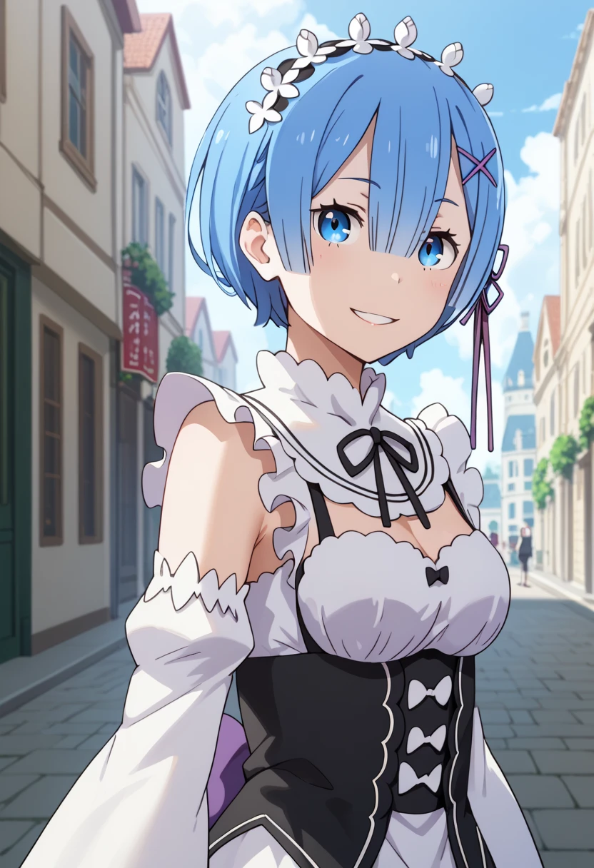  score_9,  score_8_up,  score_7_up,  score_6_up,  score_5_up,  score_4_up,  source_Anime, tag1,  tag2, blue hair, m \(RE:zero\), [smile], , city,,   Masterpiece ,  best quality,  perfect lighting,  1 girl, upスカート, medium basts,