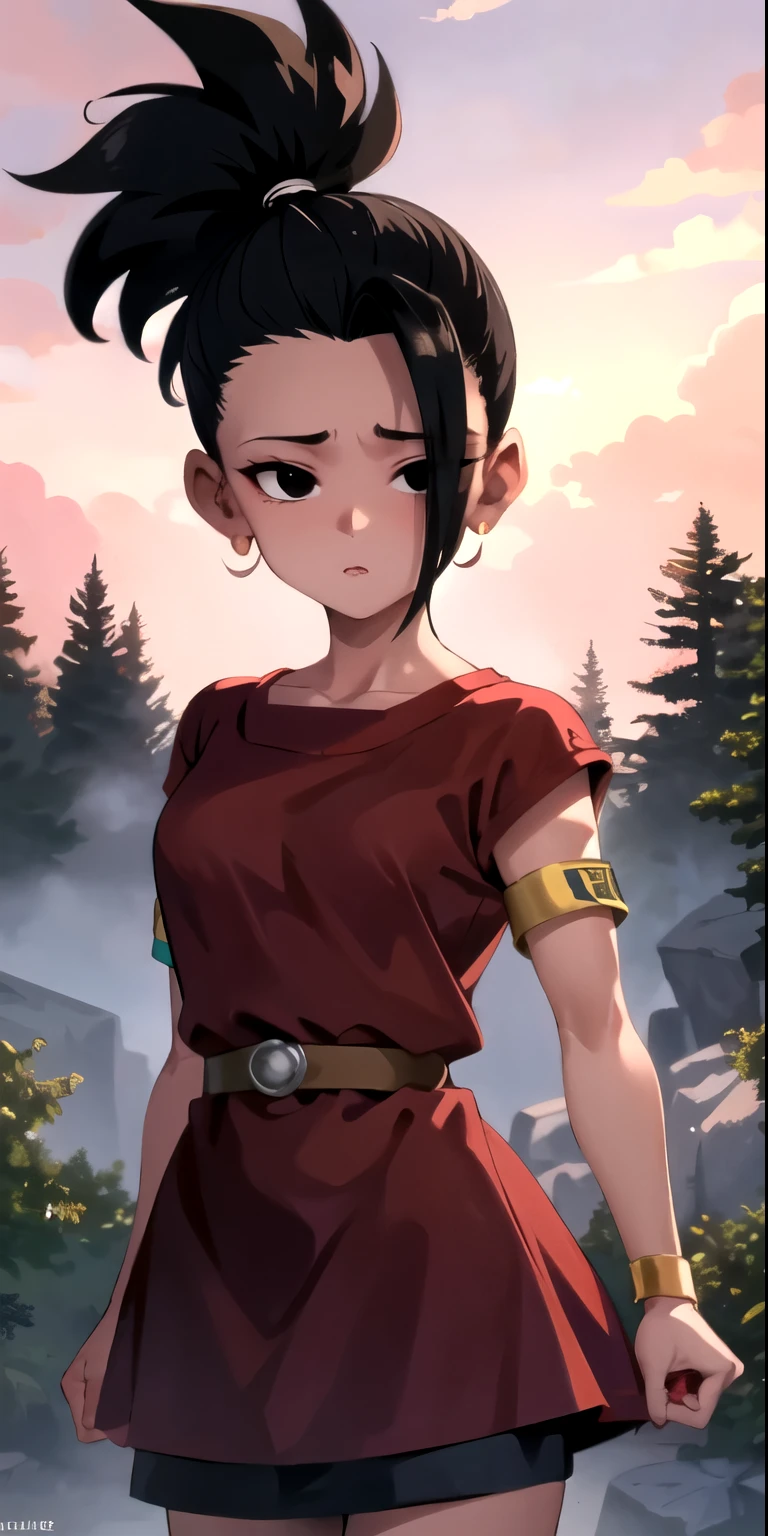 artwork, best quality, Kale, black eyes, ponytail, top cut, armband, red skirt, torso, standing, looking at viewer, nervous, In a clearing of an enchanted forest at dusk, bathed in the golden light of the setting sun, close up Light brown girl, black hair, shy look, nsfw, heat, in love, looking at the viewer,clear skin