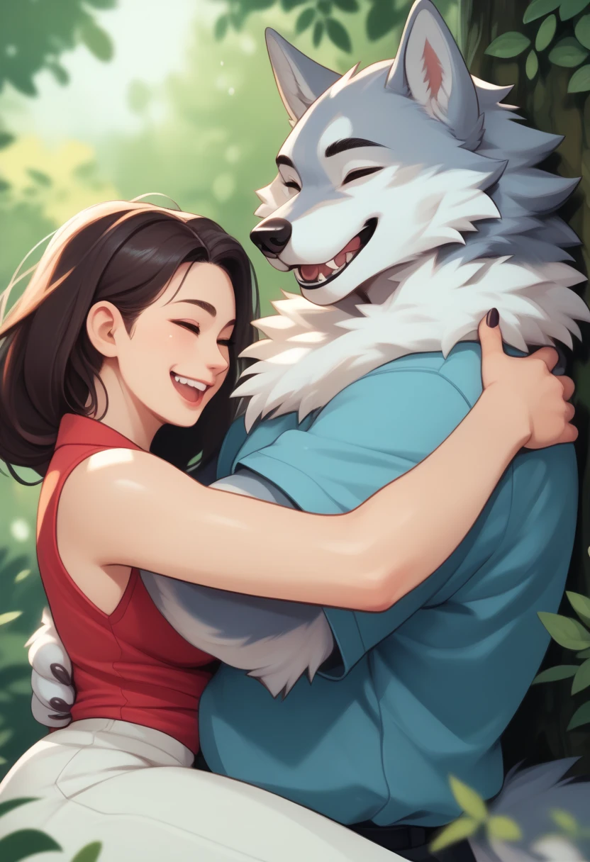 duo, anthro, anime, furry and human, curvy, bug breasts, female wolf hugging human man, character, laugh, illustration, (furrydalle:1.3),((best quality:1.3)