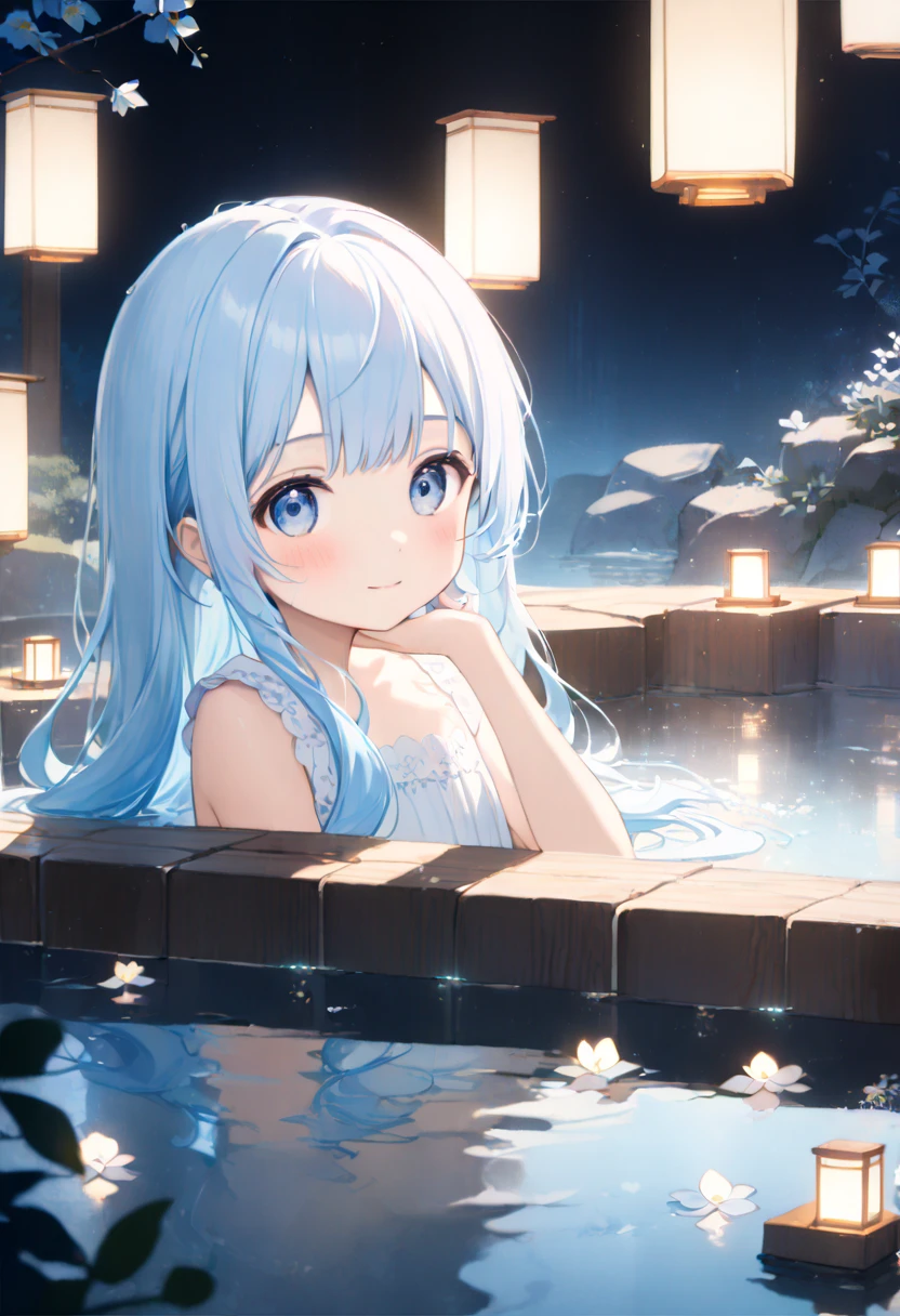 masterpiece, best quality, extremely detailed, (illustration, official art:1.1), 1 girl ,(((( light blue long hair)))), ,(((( light blue long hair)))),light blue hair, , long hair ((blush)) , cute face, big eyes, masterpiece, best quality,(((((a very delicate and beautiful girl))))),Amazing,beautiful detailed eyes,blunt bangs((((little delicate girl)))),tareme(true beautiful:1.2), sense of depth,dynamic angle,,,, affectionate smile, (true beautiful:1.2),,(tiny 1girl model:1.2),)(flat chest),Create an anime-style illustration featuring a stunningly beautiful young woman relaxing in an elegant, traditional Japanese open-air onsen at a luxurious ryokan. She is immersed in the soothing hot spring water, surrounded by serene natural beauty and traditional stone and wood design elements that highlight the high-class ambiance of the setting. The woman gazes up at a breathtaking night sky filled with twinkling stars, her expression peaceful and enchanted by the view. Details should include gentle steam rising from the water, warm ambient lighting from subtle lanterns, and reflections of the starry sky on the bath’s surface, enhancing the tranquil mood. Her wet hair clings softly to her shoulders, and subtle hints of blush show her relaxation. Capture the textures and intricate details of the onsen, the shimmering water, and the calm, introspective atmosphere, all in a refined, high-quality anime style that elevates the scene to an artful, serene moment.
