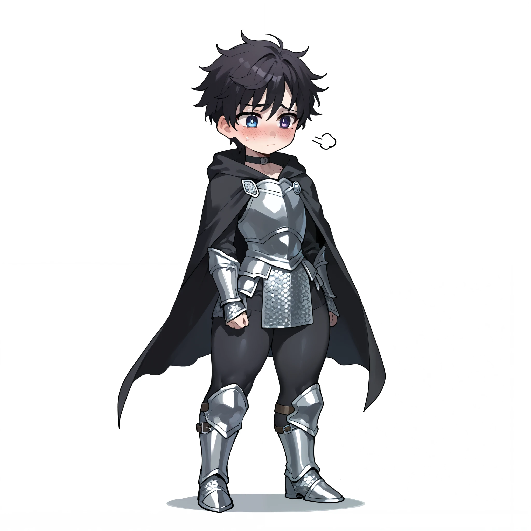 {{score_9, score_8_up, score_7_up, score_6_up, score_5_up, score_4_up, source_anime}} {{chibi, full body, chibi}} solo, 1boy, femboy, black hair, short hair, messy hair, pixie cut, bangs, blue eyes, mole, armor, chainmail, vambraces, armored boots, black leggings, black cloak, choker, standing, blush, flustered, thick thighs, white background, blank background
