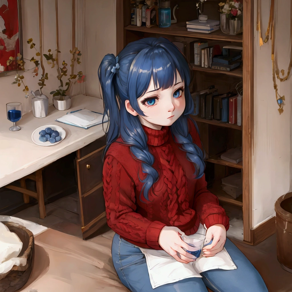  Girl at home drinks blue juice, red sweater ,  jeans , body turns dark blue 