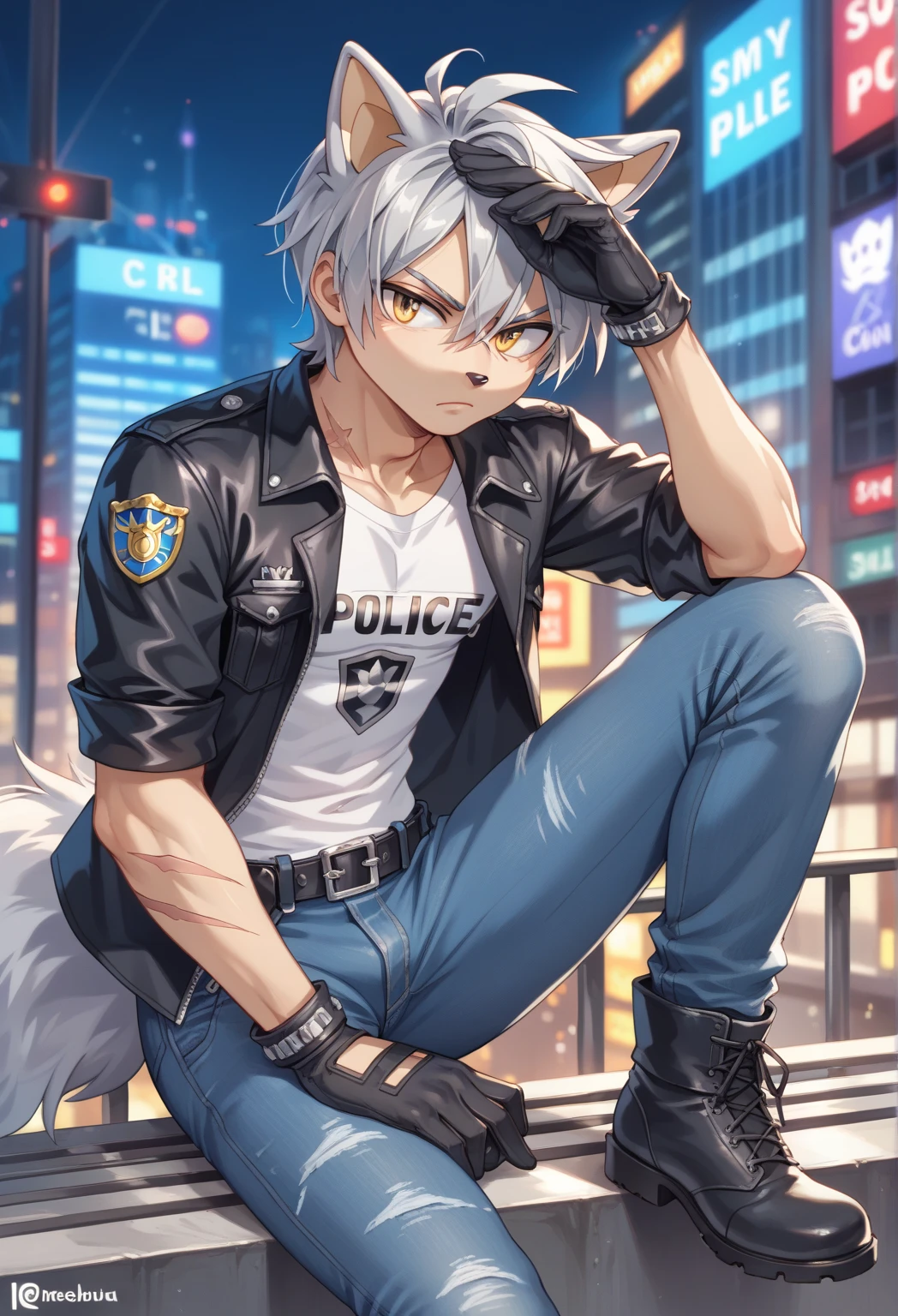 Male Wolf, ((Character Sonic oc  )), Adult male, (  silver hair all over his body   ), (  light gray inner ears  ), (alone), (   short hair,  wild and messy   ), city,   scar near the left eye that crosses the left eye diagonally, He is wearing a white t-shirt,   closed black leather jacket  ,   black gloves with cut toe Jeans and boots  ,  yellow eyes, Time of day, ((mobian)), moebius, (Soft fur), Big fluffy tail, Serious and sexy pose,  Secret Agent Police   ( Mobian police logo  )