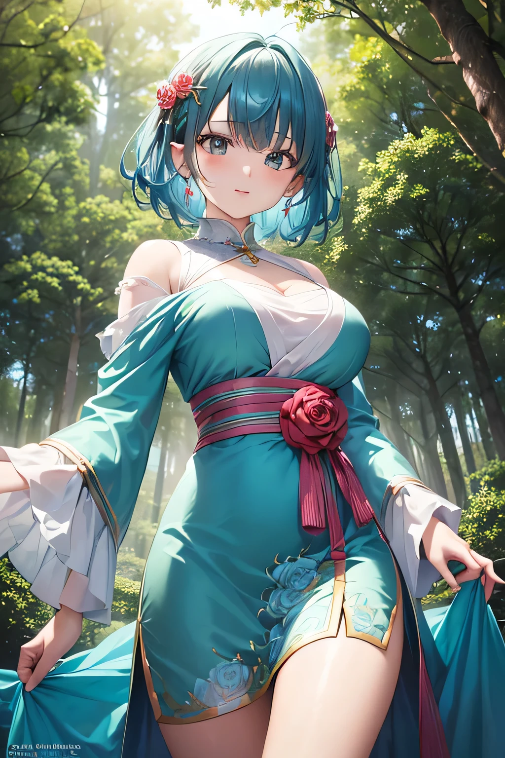 (masutepiece, of the highest quality, Best Quality, Official art, Beautiful and aesthetic:1.2), Extremely detailed,(Colorful:1.1),highest details, one arafed woman with purple hair and green eyes, big breasts, japanese tattoo sleeve on her right arm, wedding dress, sfw, paridise island, night, blue moon