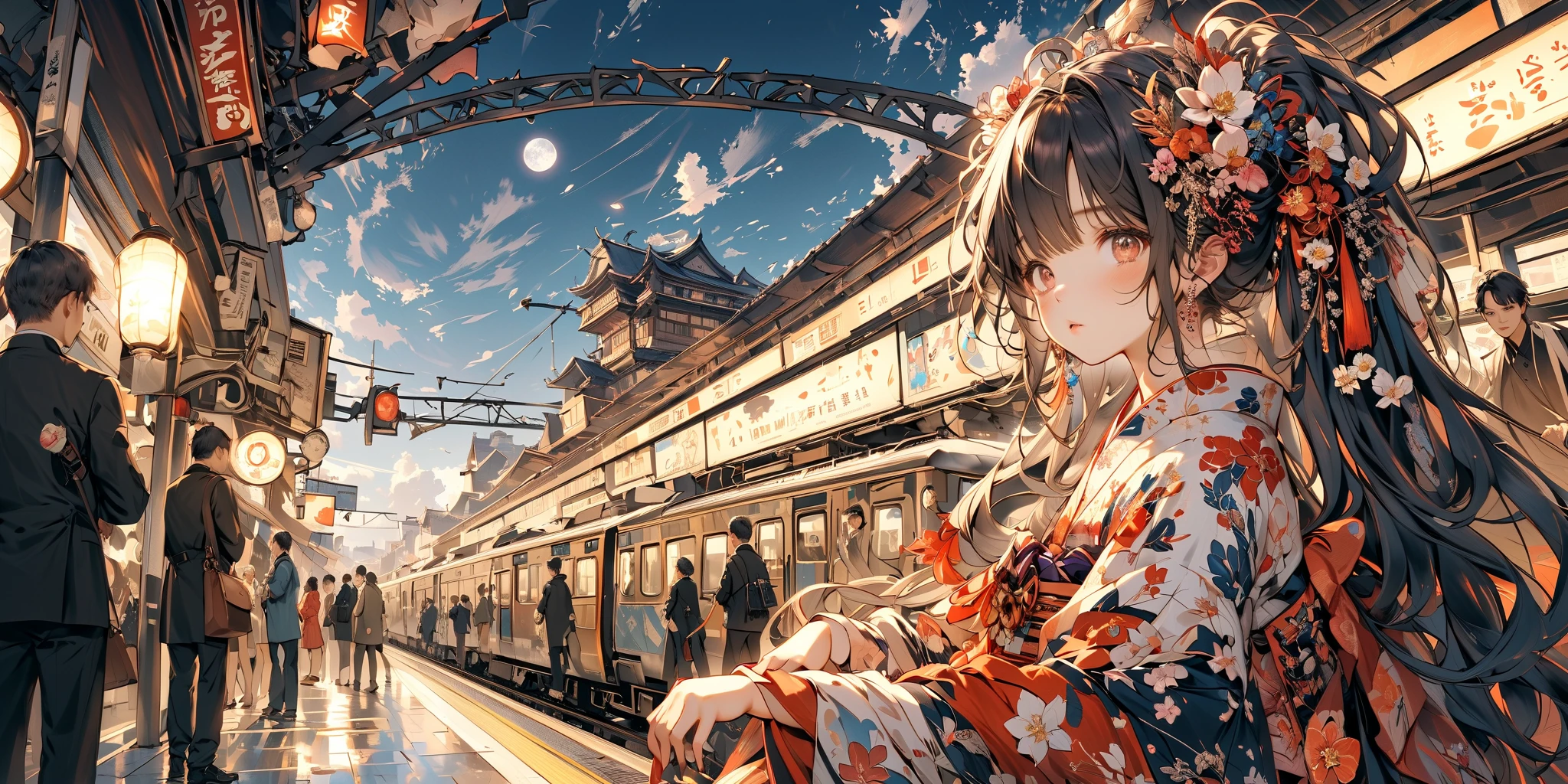 (very crowdy station:1.6),(Overcrowded crowds:1.4),(people wearing kimono for New Year's Celebration),solo,1girl\(cute, kawaii,small ,black hair with blue dip-dye hair,pony tail hair,long hair,brown eyes,big eyes,sitting on a bench,waiting for train,head phone,JK,beautiful kimono,looking away,boring\). BREAK .background\((train:1.2),(trainstation:1.4) in the future,\),long shot,wide shot,from side. BREAK .quality\(8k,wallpaper of extremely detailed CG unit, high resolution, top-quality, top-quality real texture skin, hyper realistic, increase the resolution, RAW photos, best quality, highly detailed, the wallpaper, golden ratio, high saturation realism, vibrant colors, dramatic lighting, persuasive storytelling, atmospheric scenery, captivating visuals, intricate details, strong emotions, dreamlike world\),landscape,focus on the trainstation,fisheye