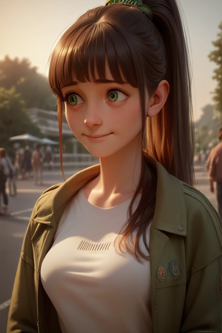 
A teen girl watching the sunrise wearing a sexy shirt and a jacket, green eyes, long hair with a fringe in a ponytail, detailed nervous face, smile, shy girl, normal breasts, detailed beautiful body, thin body, at the top of a coast ceremony, 