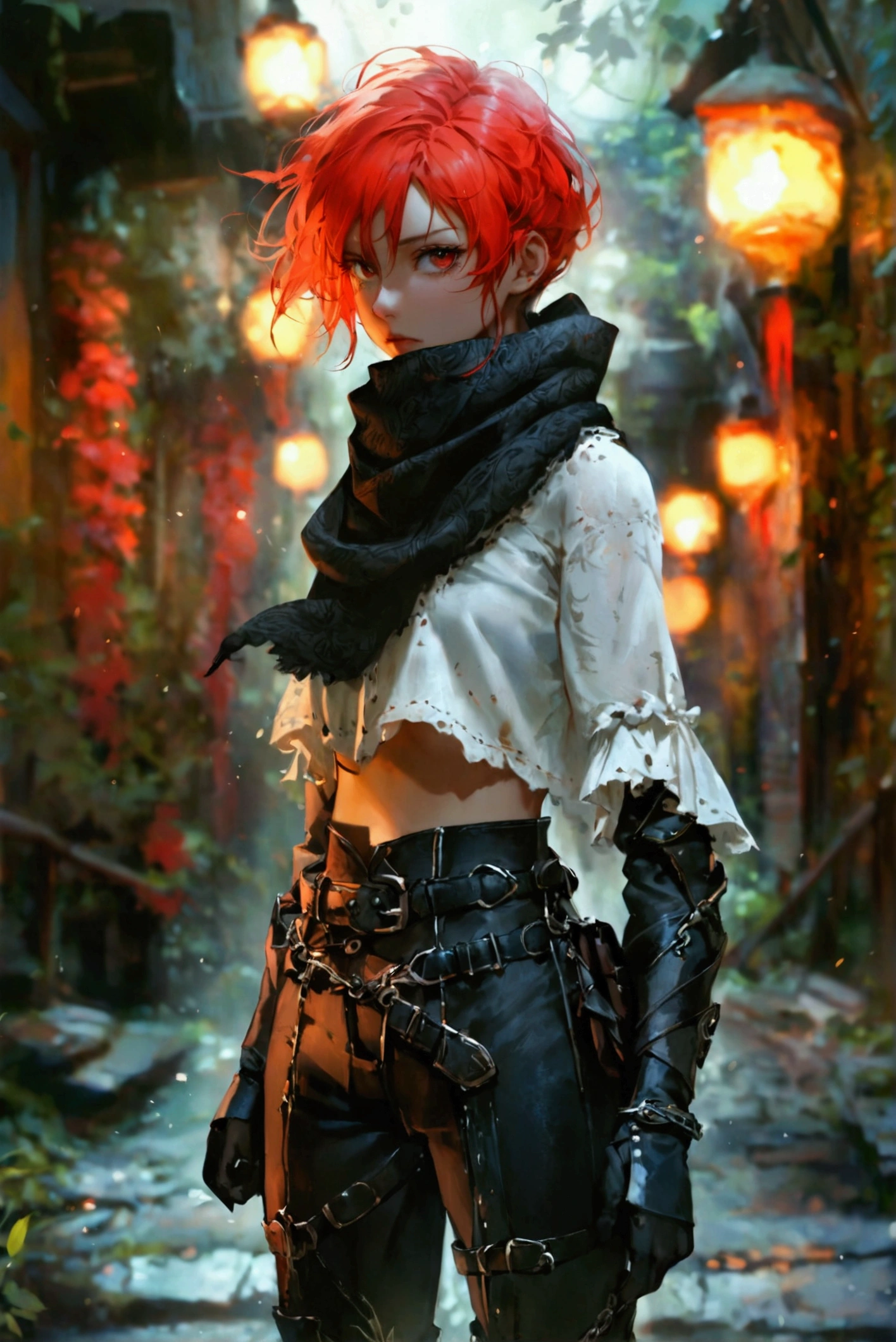 A 20-year-old thief with short, tousled scarlet red hair, her piercing gaze reflecting a cunning and mischievous demeanor. She is dressed in black, medieval-style pants that fit snugly for ease of movement, paired with sturdy, slightly worn black boots. Her white blouse is loose-fitting yet practical, featuring faint fraying along the edges, hinting at a life of constant travel and danger. A black-and-brown scarf wraps around her neck and partially covers her mouth, giving her an air of mystery while also serving as a functional disguise. She carries two sleek black daggers with intricate red accents on the blades and handles, their sharp edges glinting ominously in the light. Ensure fine details in the craftsmanship of the daggers, the texture of the scarf, and the subtle wear and tear on her clothing, emphasizing her resourceful and rugged character. The setting is dimly lit, perhaps in a shadowy alley or a dense forest at dusk, enhancing the sense of stealth and danger.