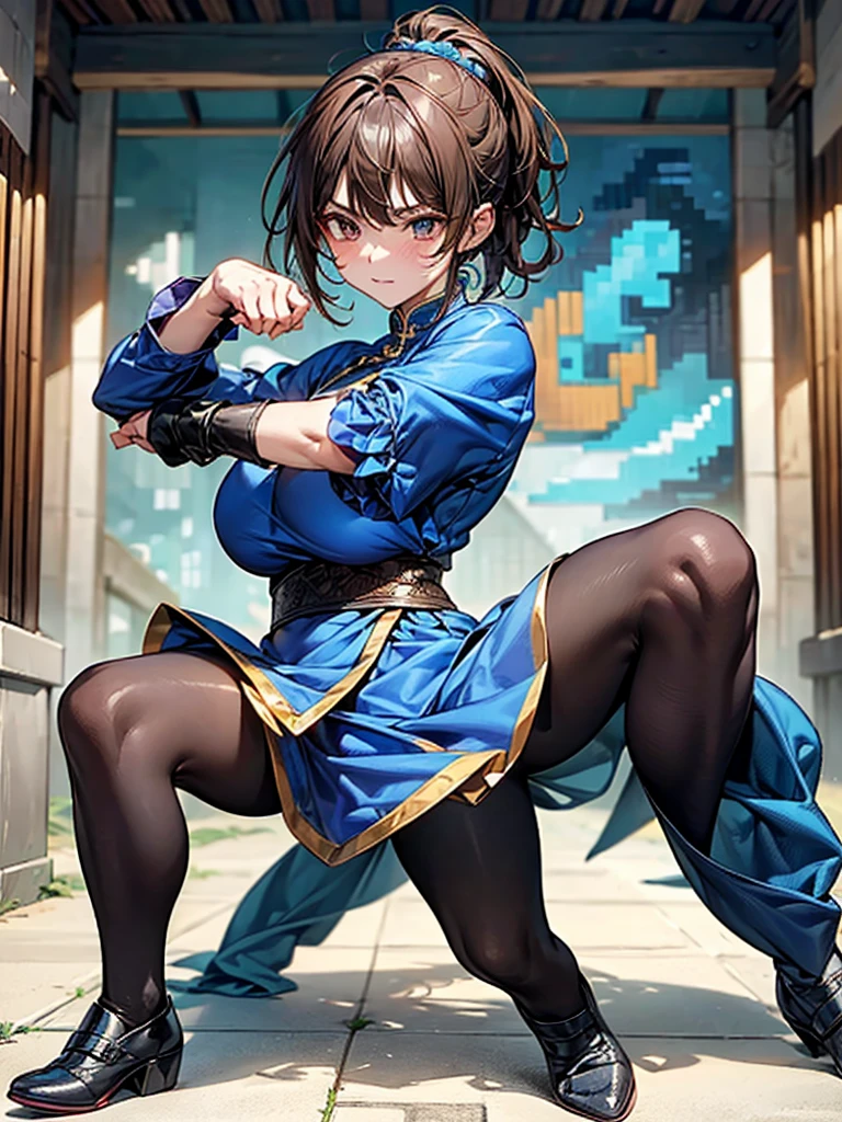 street fighter chun li, goth, brown eyes, compensate, in tokyo, anime style, double hair bun, goth eye shadow, goth eye liner, beautiful face, dark compensate, goth, 4k, Advanced 8k, highest quality,blue cheongsam, kung fu pose, blue cheongsam. brown eyes、high kick、black stockings