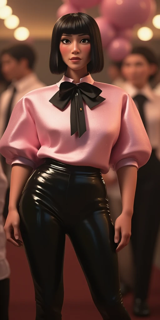 A full shot of a Caucasian Feminine man with a blunt black bob, wearing a pale pink, oversized metallic silk blouse with large puff sleeves and a large black bow tie. She's paired it with high-waisted, dark, sleek trousers and patent leather black boots. The setting is a , with balloons and other guests softly blurred in the background. The lighting is warm and slightly diffused, characteristic of a vintage photograph. The overall style is retro-chic, blending 80s and 90s fashion elements. The image is sharply focused on the woman, with a shallow depth of field. The color palette is muted and sophisticated. Resolution: 8k.Veiny_breasts,penis bulge,9briefs