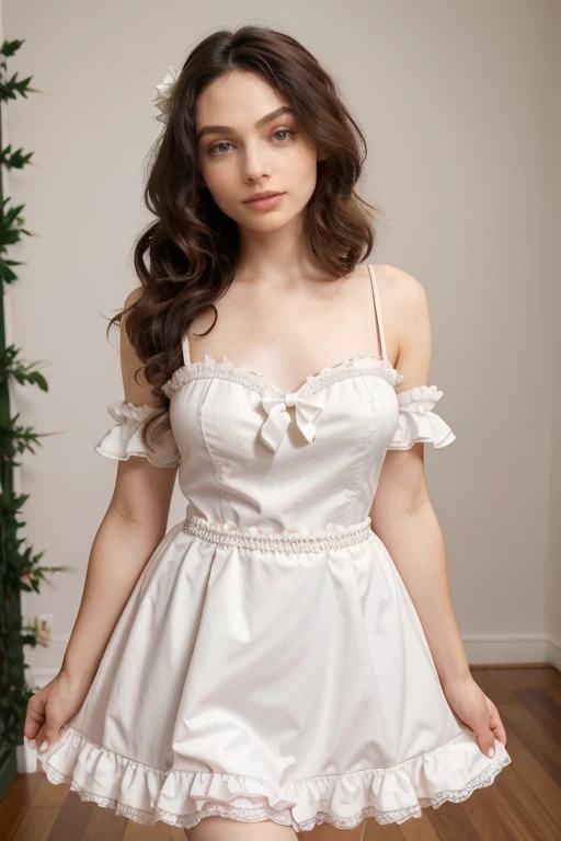 age 25, 8k (High definition), heavy make up, rosey pink cheeks, long eyelashes, goth makeup, wearing a frilly white lolita dress, sissy, high petticoat skirt, bow in her hair, bow in her hair, white stockings, dressed in a sexy white maid outfit Caucasian skin, long brown hair, hair stylized wavy fresh out of the salon, very long curly dark brown hair, small perky breasts,