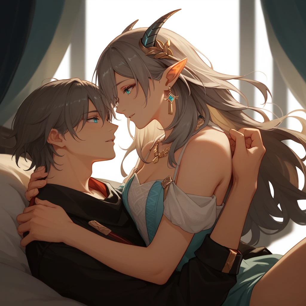 couple, romantic, 1boy, 1girl, hsrstelle, girl straddling boy, aloof girl, romance, 1boy,horns,solo,pointy_ears,jewelry,black_hair,earrings,long_hair,aqua_eyes,blue_eyes,