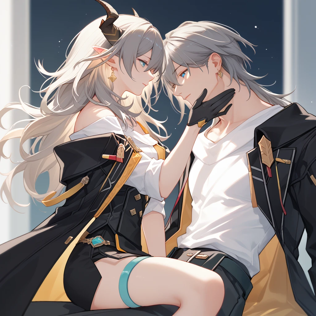 couple, romantic, 1boy, 1girl, hsrstelle, black coat, open coat, white shirt, black gloves, black skirt, thigh strap, girl straddling boy, aloof girl, romance, 1boy,horns,solo,pointy_ears,jewelry,black_hair,earrings,long_hair,aqua_eyes,blue_eyes,