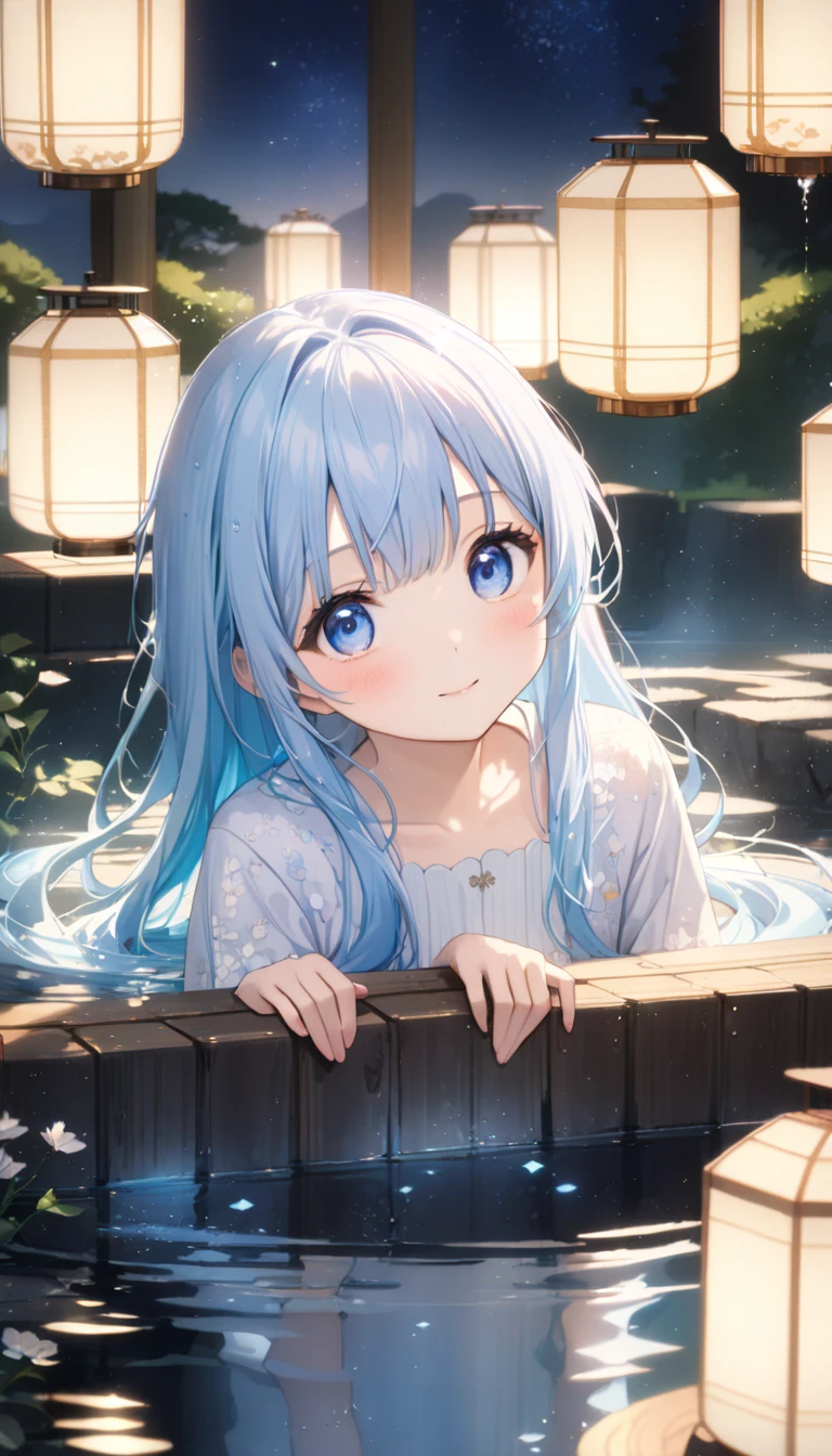 masterpiece, best quality, extremely detailed, (illustration, official art:1.1), 1 girl ,(((( light blue long hair)))), ,(((( light blue long hair)))),light blue hair, , long hair ((blush)) , cute face, big eyes, masterpiece, best quality,(((((a very delicate and beautiful girl))))),Amazing,beautiful detailed eyes,blunt bangs((((little delicate girl)))),tareme(true beautiful:1.2), sense of depth,dynamic angle,,,, affectionate smile, (true beautiful:1.2),,(tiny 1girl model:1.2),)(flat chest),Create an anime-style illustration featuring a stunningly beautiful young woman relaxing in an elegant, traditional Japanese open-air onsen at a luxurious ryokan. She is immersed in the soothing hot spring water, surrounded by serene natural beauty and traditional stone and wood design elements that highlight the high-class ambiance of the setting. The woman gazes up at a breathtaking night sky filled with twinkling stars, her expression peaceful and enchanted by the view. Details should include gentle steam rising from the water, warm ambient lighting from subtle lanterns, and reflections of the starry sky on the bath’s surface, enhancing the tranquil mood. Her wet hair clings softly to her shoulders, and subtle hints of blush show her relaxation. Capture the textures and intricate details of the onsen, the shimmering water, and the calm, introspective atmosphere, all in a refined, high-quality anime style that elevates the scene to an artful, serene moment.
