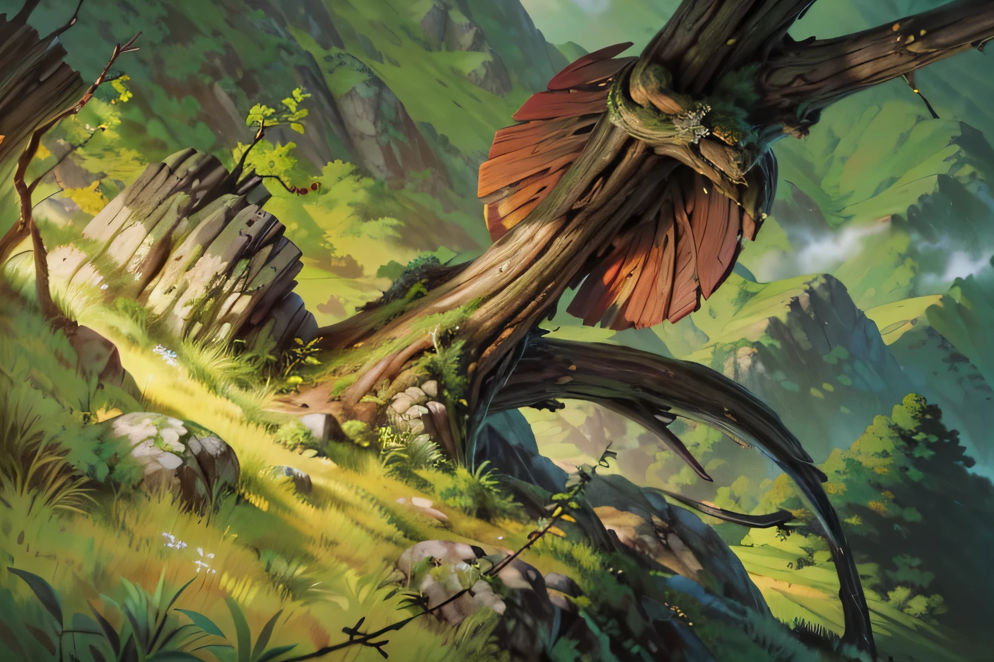 ((Best quality, 8k, 32k, Masterpiece, UHD:1.2), "Transform the setting into the Central Lands from Frieren: Beyond Journey's End, a sprawling region characterized by its vast open fields, rolling hills, and timeless beauty. The landscape is painted in hues of lush green meadows that stretch endlessly, interrupted only by patches of ancient, weathered stone ruins overgrown with moss and vines, remnants of a bygone age.
The sky above is an expansive canvas, a soft gradient of azure blue with wisps of white clouds gently drifting by, casting playful shadows over the terrain. A gentle breeze seems to sway the tall grasses, and wildflowers dot the ground, their vibrant colors adding life to the serene environment. In the distance, majestic snow-capped mountains rise, their peaks piercing the heavens, creating a sense of wonder and scale.
Near the foreground, a serene, crystal-clear river meanders through the land, its surface shimmering like liquid glass under the sunlight. A single, ancient oak tree stands proudly on a hilltop, its sprawling branches providing shade and a sense of quiet majesty.
The scene is devoid of crowds, texts, or logos, ensuring a pure and immersive depiction of the Central Lands—a peaceful, mystical environment that feels both untouched and alive with subtle magic."