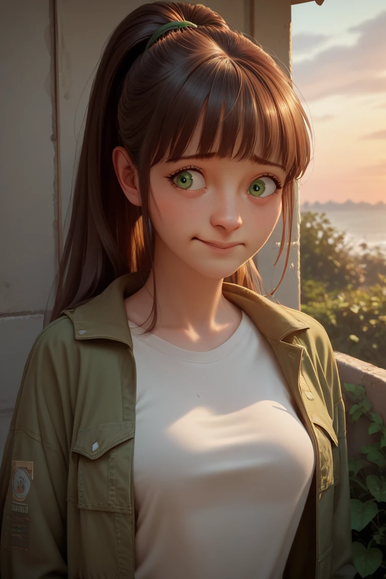 
A teen girl watching the sunrise wearing a summer shirt and a jacket, green eyes, long hair with a fringe in a ponytail, detailed nervous face, smile, shy girl, normal breasts, detailed beautiful body, thin body, at the top of a coast ceremony, 