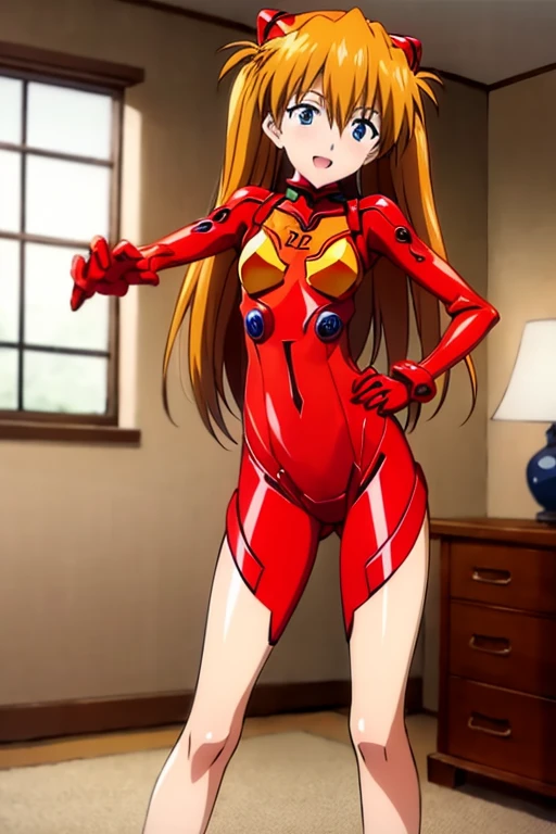 (( best quality)), ((masterpiece)), (be familiar with),  perfect face, indoor, bedroom,  viewer,
One woman,  Soryu Asuka Langley ,
 open mouth,  ecstatic expression with hands in front of body, blush, smile,
Small breasts,  flat chested, Young girl, Lori,  s,  girl,
 long hair,  twin tails,
Leg spread,