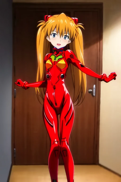 (( best quality)), ((masterpiece)), (be familiar with),  perfect face, indoor, bedroom,  viewer,
One woman,  Soryu Asuka Langley ,
 open mouth,  ecstatic expression with hands in front of body, blush, smile,
Small breasts,  flat chested, Young girl, Lori,  s,  girl,
 long hair,  twin tails,
Leg spread,