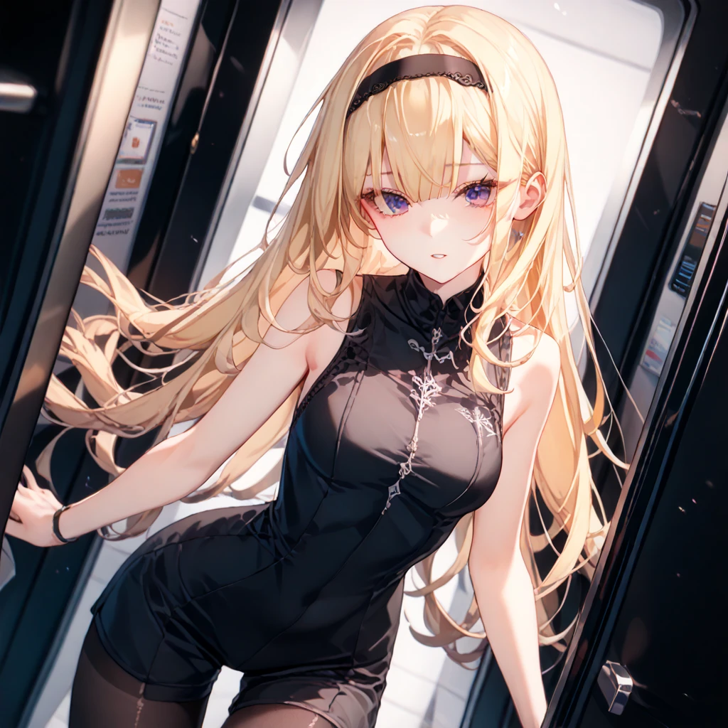 (masterpiece, 32k, 8k, white laboratory corridor setting, character walking towards the viewer) woman, 26 years old, naturally beautiful face, long blonde hair with pink streaks, tight black clothes in cyberpunk style, eyes of different colors, one blue eye and another gray eye
