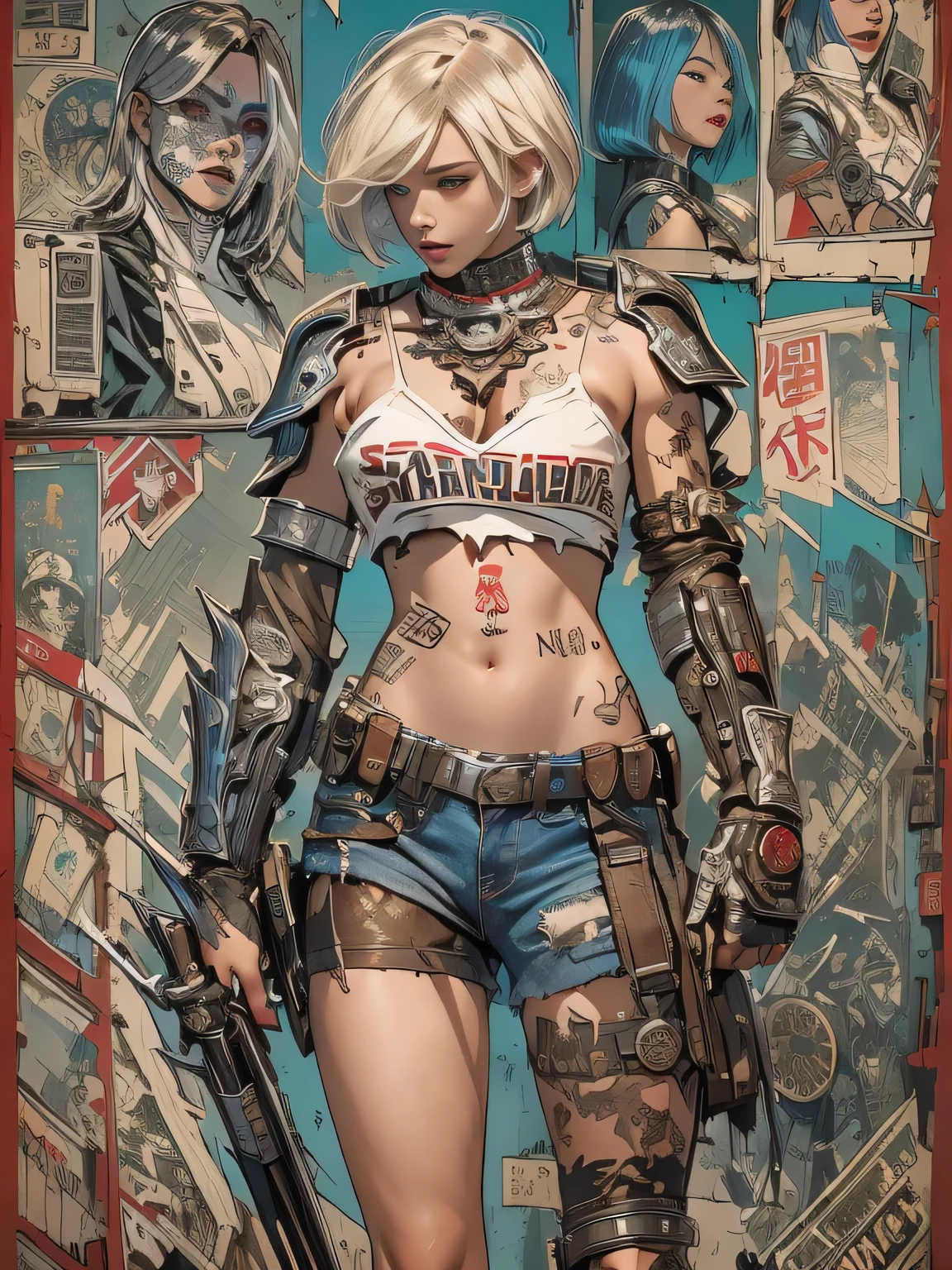 (((mulher))), (((melhor qualidade))), (((obra prima))), (((adulto))), (((1girl))), ((( corte de cabelo bob ))), Uma gladiadora cyberpunk mulher de 25 anos com corpo perfeito, shoulder pads with metal spines, Gladiadores do Brooklyn, (( corte de cabelo bob )), tiny leather panties, camiseta de time de rugby rasgada, quase nua no estilo selvagem urbano de Simon Bisley para a capa da revista Heavy Metal, Cabelo loiro curto, Minimum clothing, Metal protection on the left arm with intricate graphics, Dark red with white stars and blue and white striped pattern, armadura, cheio de pontas e rebites, tatuagem de veneno (((do joelho pra cima))), cabelos loiro branco curto, no fundo uma parede pintada por Shepard Fairey com um design intrincado