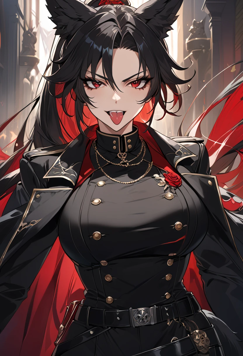 beautiful anime woman wearing a black military trench coat, tight black jeans pants, wolf ears, wolf tail, half wolf and half human, red eye color, black hair in a ponytail, light novel art, detailed anime art, anime, regal, royal, sexy, thicc, beautiful feminine facial features, flirtatious, sultry, slutty, petite, sharp canines, aheago, villain, all black clothing, high quality, very detailed anime art, feminine, slender face, military general vibes, pretty girl, good lighting, close up shot of face, sticking her tongue out expression, red highlights, lewd smile, cute