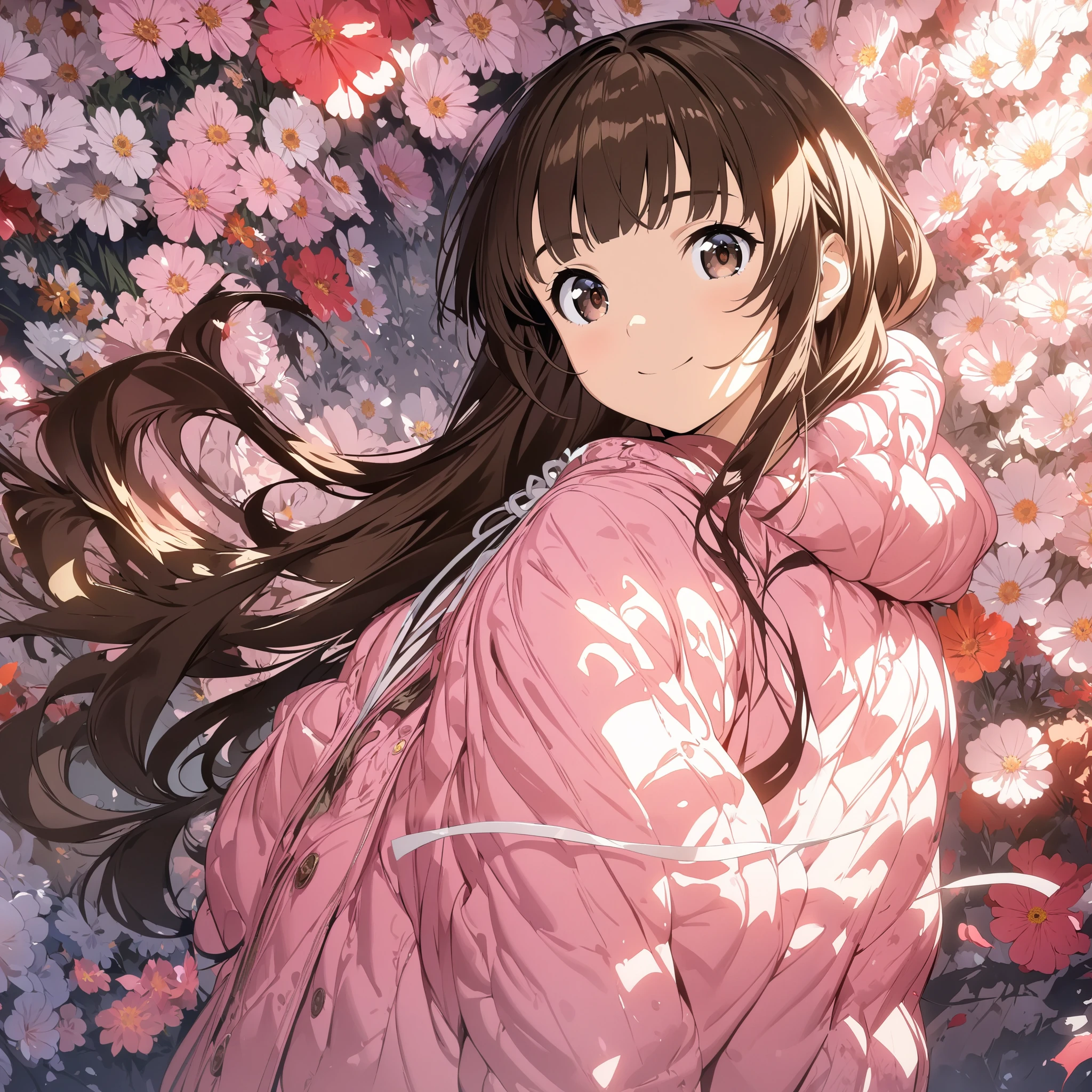 (masterpiece),(best quality),(ultra-detailed),(best illustration),(best shadow),(absurdres),(detailed background),(very aesthetic), megumi katou, 1girl, solo, brown hair, smile, flower, brown eyes, looking at viewer, bangs, sleeveless, jacket, long hair, pink jacket, ribbon, petals, dress 