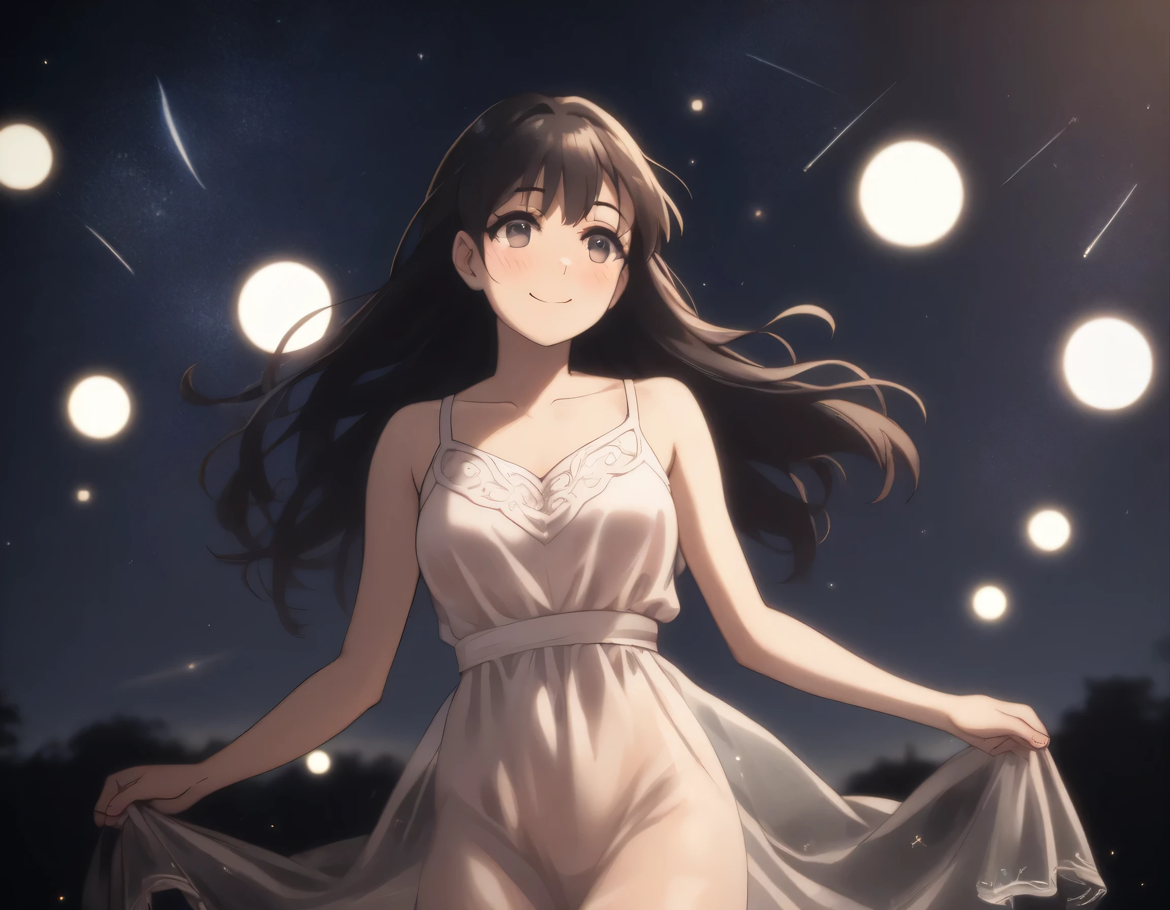 score_9, score_8_up, score_7_up, gsfghtr, (long straight hair), black hair, Sheer Dress/Top, cinematic Lighting, 1girl,solo,blush,smile, indoor party`, moon, shooting stars, (((bright lighting from front)))