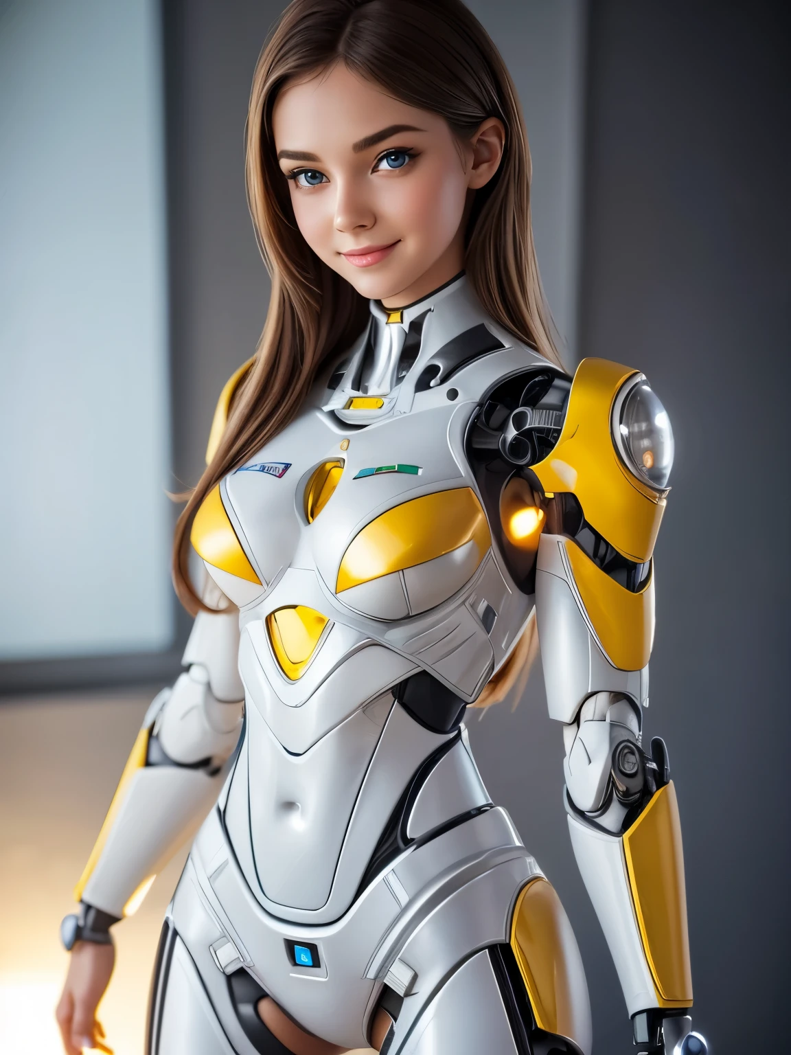 ( best quality , high definition , Masterpiece :1.2), very detailed, Realistic:1.37, ( Perfect Anatomy ), Full body, one girl, cute perfect beautiful super sexy Anglo-Saxon female, Cyborg Surgery , pretty Look, big smile, beautiful eyes , kawaii pose,, detailed facial features , Thin Hair, Detailed Costumes, beautiful lips, brown hair , Detailed tight white and yellow sexy robotic plug suit ,