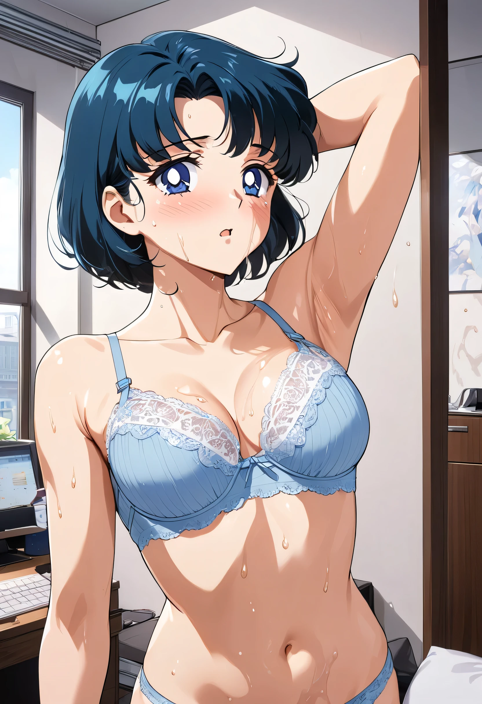 masterpiece, Best Quality, High resolution, (Mizuno Ami),1990s \(style\),height: 155cm,Blue Hair, ((lace trim panties), (lace trim bra), (In underwear), (Flashy underwear), (lingerie)),sexyな長い脚, ((indoor, Office, living room) ,(Normal chest)、Sweating all over the body、vapor、Muscular、sexy、Her face distorts with pleasure、Sweaty、Front view、Serious expression、look up,Semen splattered on face、Anime-style painting style,Composition with emphasis on the upper body, armpits