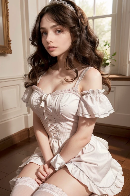 age 25, 8k (High definition), heavy make up, rosey pink cheeks, long eyelashes, goth makeup, wearing a frilly white lolita dress, sissy, high petticoat skirt, bow in her hair, bow in her hair, white stockings, high heels, dressed in a sexy white maid outfit Caucasian skin, long brown hair, hair stylized wavy fresh out of the salon, very long curly dark brown hair, small perky breasts, on her knees, cleaning the floor