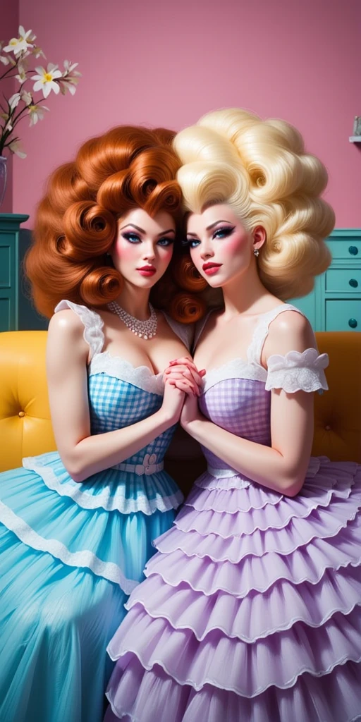 A digital painting in a style reminiscent of high-fashion portraiture, depicting two drag queens in a whimsical, pastel-colored interior. One queen wears a light blue gingham inflated dress with unseen huge voluminous layers of petticoat under the skirt white lace overlay and a voluminous auburn wig styled in a large bouffant. The other queen wears a pale lavender dress with layers of white lace ruffles, unseen huge voluminous layers of petticoat under the skirt and a large blonde bouffant wig. Both queens are seated closely together on a couch, their hands clasped, creating a tender and intimate scene. The background features a pink wall, a teal dresser, and a yellow couch, contributing to the dreamy, almost like atmosphere. The lighting is soft and diffused, enhancing the pastel color palette and the delicate textures of the clothing. The overall style is glamorous and playful, with a focus on the exaggerated features of the drag queens' costumes and makeup. The final image should have a highly polished and professional look, conveying a sense of playful sophistication and theatrical charm.