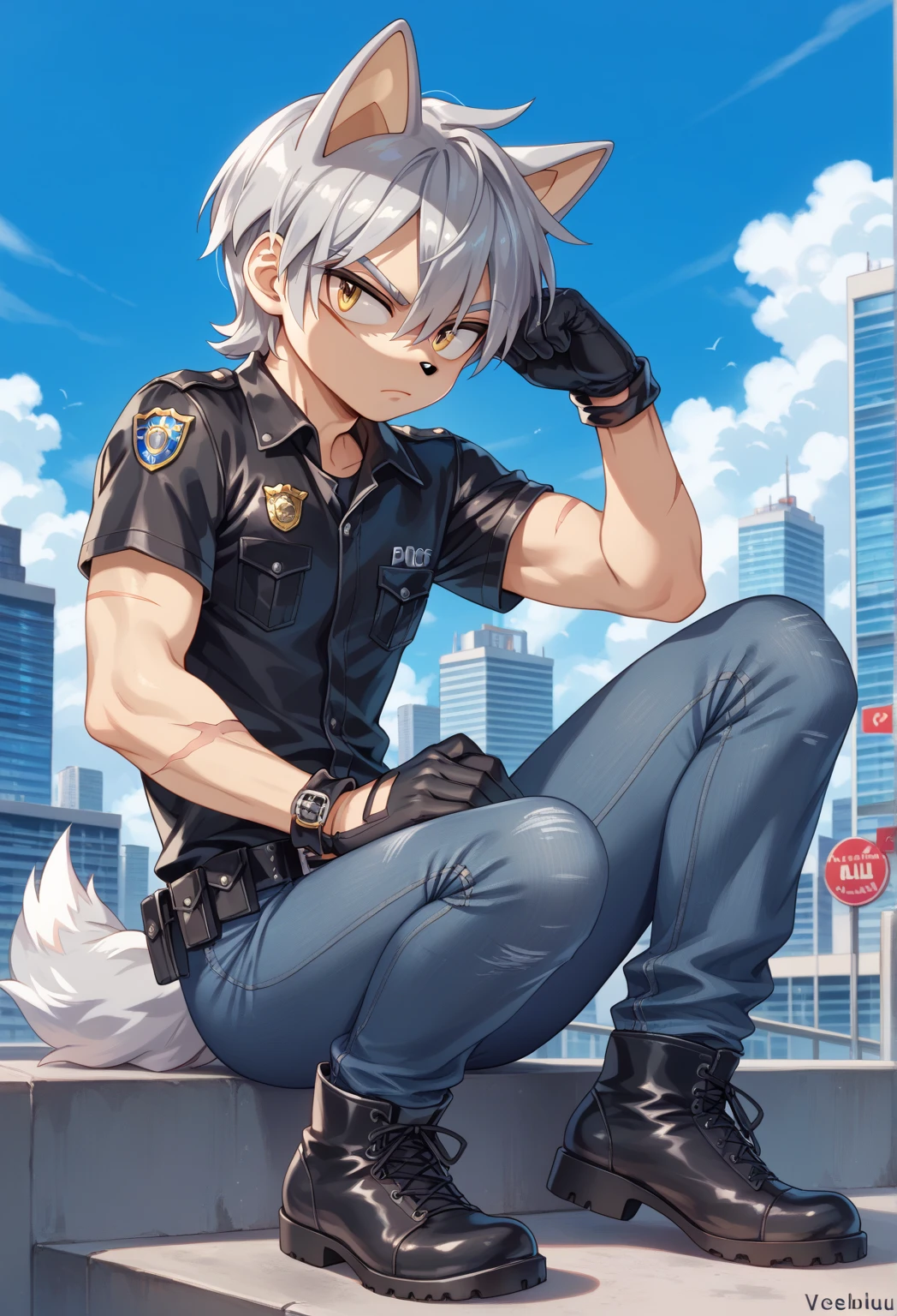 Male Wolf, ((Character Sonic oc  )), Adult male, (  silver hair all over his body   ), (  light gray inner ears  ), (alone), (   short hair,  wild and messy   ), city,   scar near the left eye that crosses the left eye diagonally, He is wearing a white t-shirt,   closed black leather jacket  ,   black gloves with cut toe Jeans and boots  ,  yellow eyes, Time of day, ((mobian)), moebius, (Soft fur), Big fluffy tail, Serious and sexy pose,  Secret Agent Police   ( Mobian police logo  )