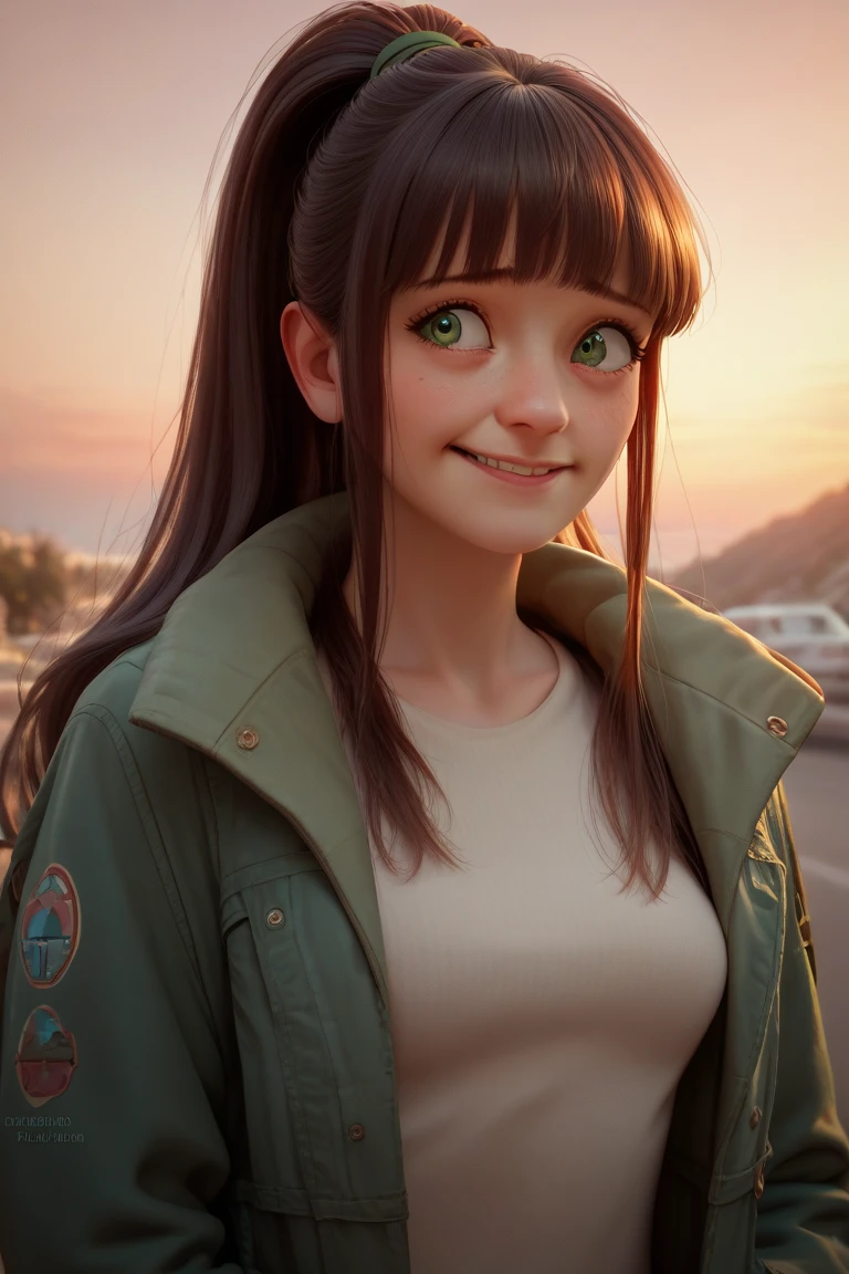 
A teen girl watching the sunrise wearing a jacket, green eyes, long hair with a fringe in a ponytail, detailed nervous face, smile, shy girl, normal breasts, detailed beautiful body, thin body, at the top of a coast ceremony, 