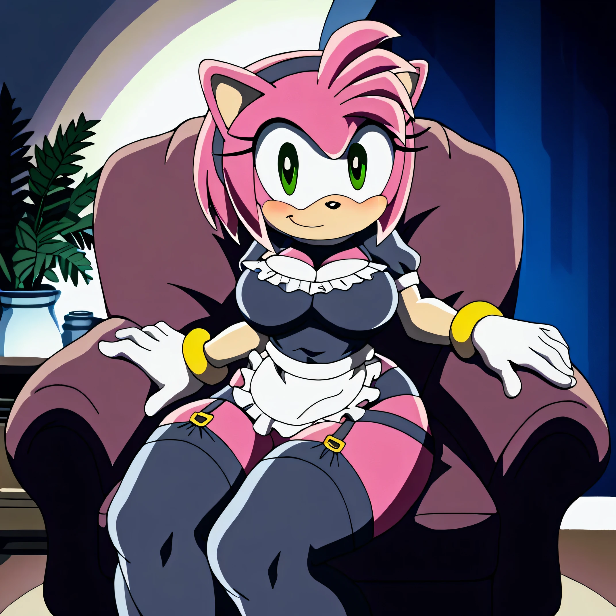 amy rosa,   flirty look ), ),  green eyes ,  big breasts   , , comfortable clothes,  big thighs,Closed Mouth Smiling , black stockings with garter belts   , Sitting in the armchair, black maid    (   white gloves )   In a room at night,blush