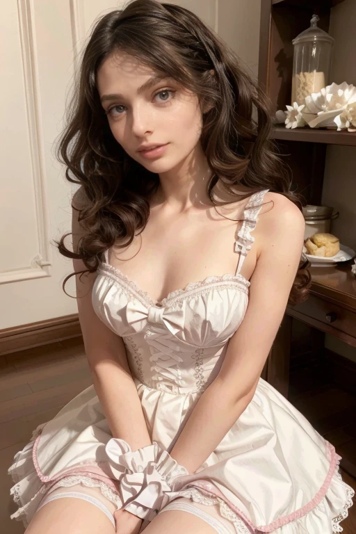 age 25, 8k (High definition), heavy make up, rosey pink cheeks, long eyelashes, goth makeup, wearing a frilly white lolita dress, sissy, high petticoat skirt, bow in her hair, bow in her hair, white stockings, high heels, dressed in a sexy white maid outfit Caucasian skin, long brown hair, hair stylized wavy fresh out of the salon, very long curly dark brown hair, small perky breasts, on her knees, cleaning the floor