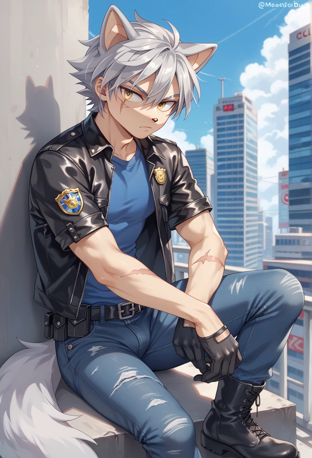 Male Wolf, ((Character Sonic oc  )), Adult male, (  silver hair all over his body   ), (  light gray inner ears  ), (alone), (   short hair,  wild and messy   ), city,   scar near the left eye that crosses the left eye diagonally, He is wearing a white t-shirt,   closed black leather jacket  ,   black gloves with cut toe Jeans and boots  ,  yellow eyes, Time of day, ((mobian)), moebius, (Soft fur), Big fluffy tail, Serious and sexy pose,  Secret Agent Police   ( Mobian police logo  )