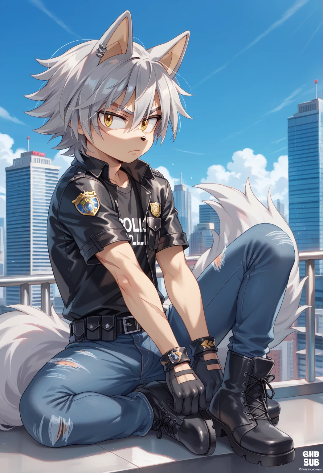 Male Wolf, ((Character Sonic oc  )), Adult male, (  silver hair all over his body   ), (  light gray inner ears  ), (alone), (   short hair,  wild and messy   ), city,   scar near the left eye that crosses the left eye diagonally, He is wearing a white t-shirt,   closed black leather jacket  ,   black gloves with cut toe Jeans and boots  ,  yellow eyes, Time of day, ((mobian)), moebius, (Soft fur), Big fluffy tail, Serious and sexy pose,  Secret Agent Police   ( Mobian police logo  )