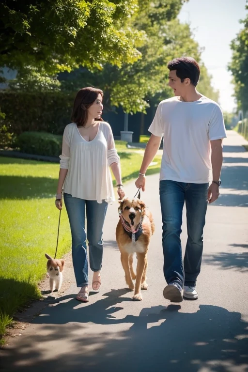 A beautiful sunny day and a baby walking his dog.. The baby is very real cinematic image. The child's parents come right behind them.