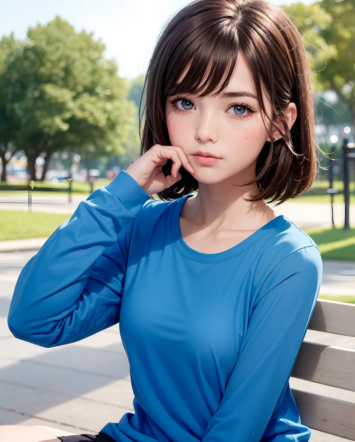 best quality, photorealistic, 8k, high res, full color, 1girl, woman, 20 years old woman, (closed mouth:1.73), (skindentation), (portrait:0.6), trees, park bench, daylight, ((park background:1.52)), full color, ((sleevelessblueshirt:1.58)), looking at viewer:1.8, (1girl eyes looking at viewer:1.55), (medium hair, brownhair, partedhair:1.45), (bokeh),